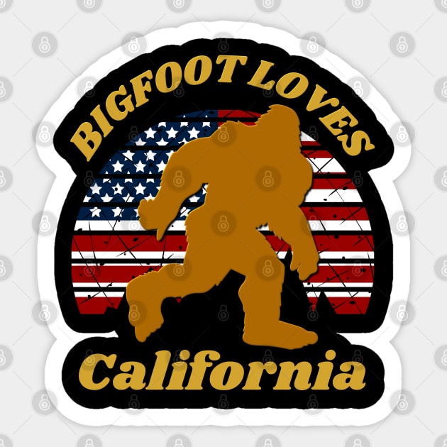 Bigfoot Loves America and California Too Sticker by Scovel Design Shop